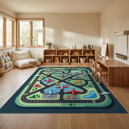 Playful Green Airplanes Roads City Rug