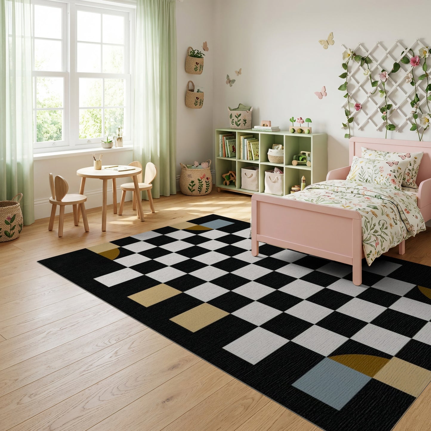 Black White Gold Teal Checkerboard Rug