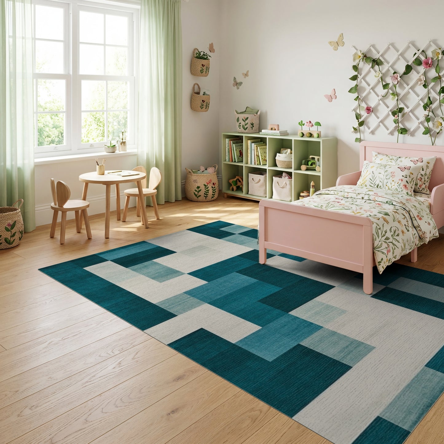 Modern Teal White Block Geometric Rug