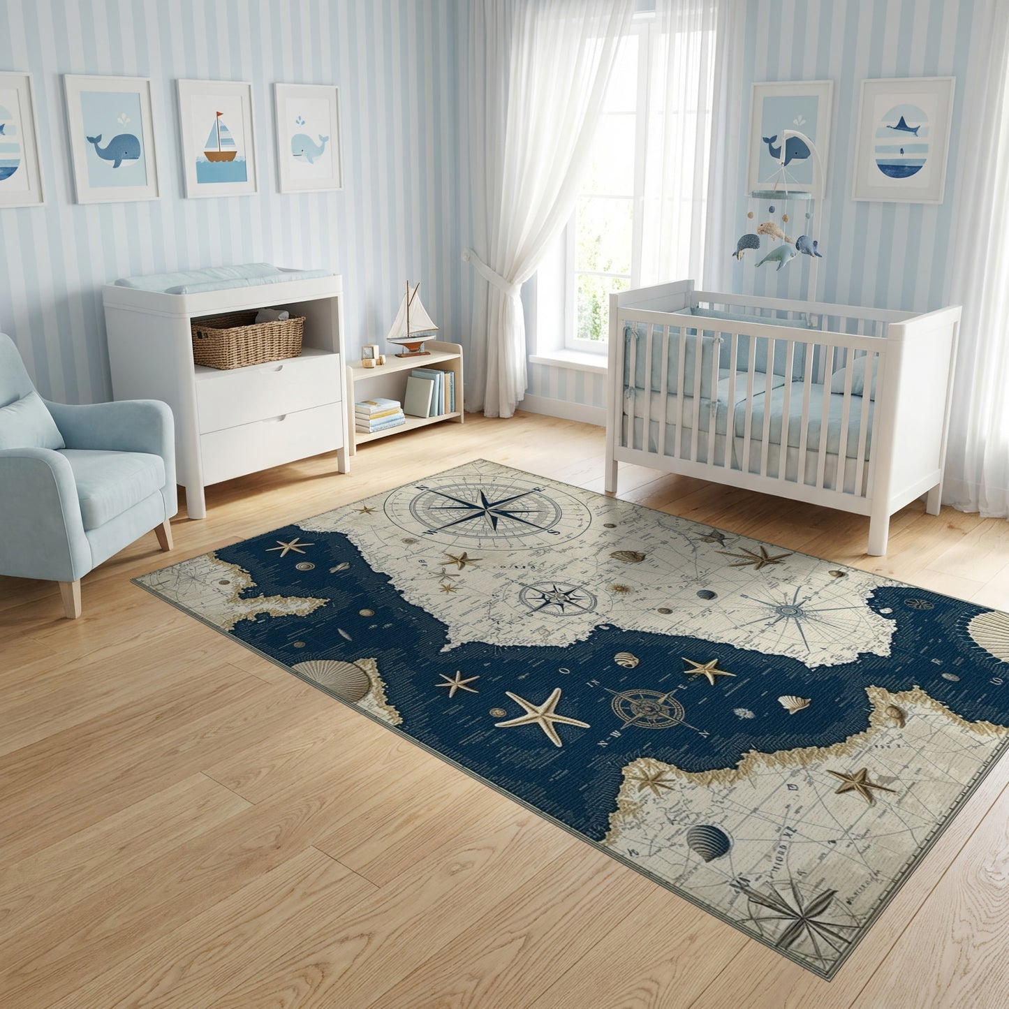 Vintage Nautical Compass Starfish Rug