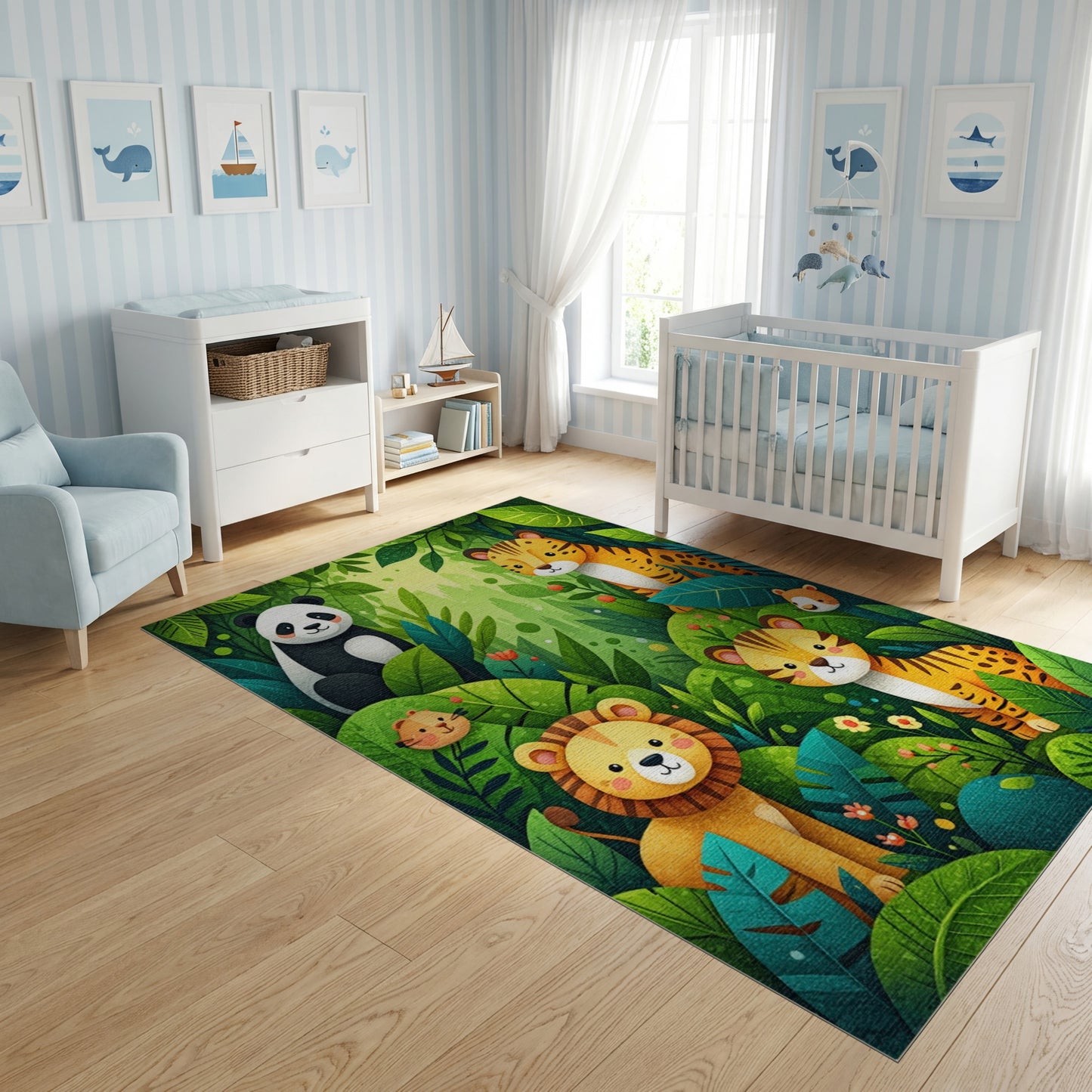 Whimsical Panda Tiger Lion Jungle Rug