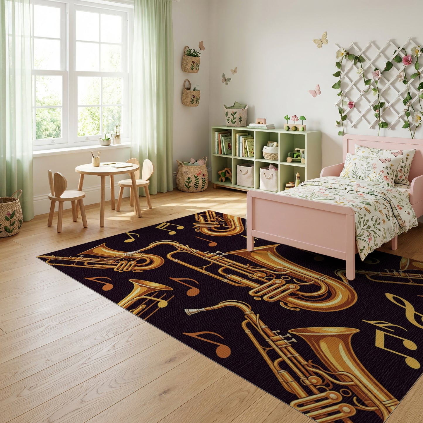 Golden Saxophones Music Notes Black Rug