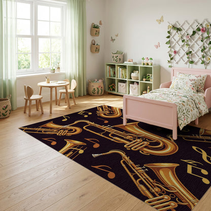 Golden Saxophones Music Notes Black Rug