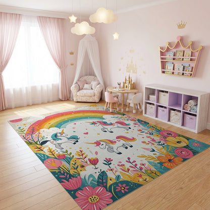 Whimsical Rainbow Unicorns Floral Rug