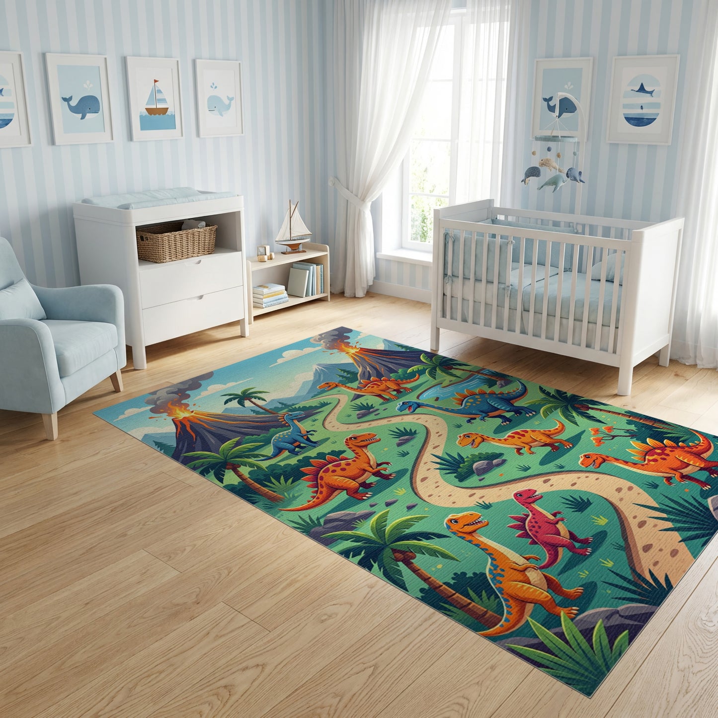 Bright Dino Trail Erupting Volcanoes Rug