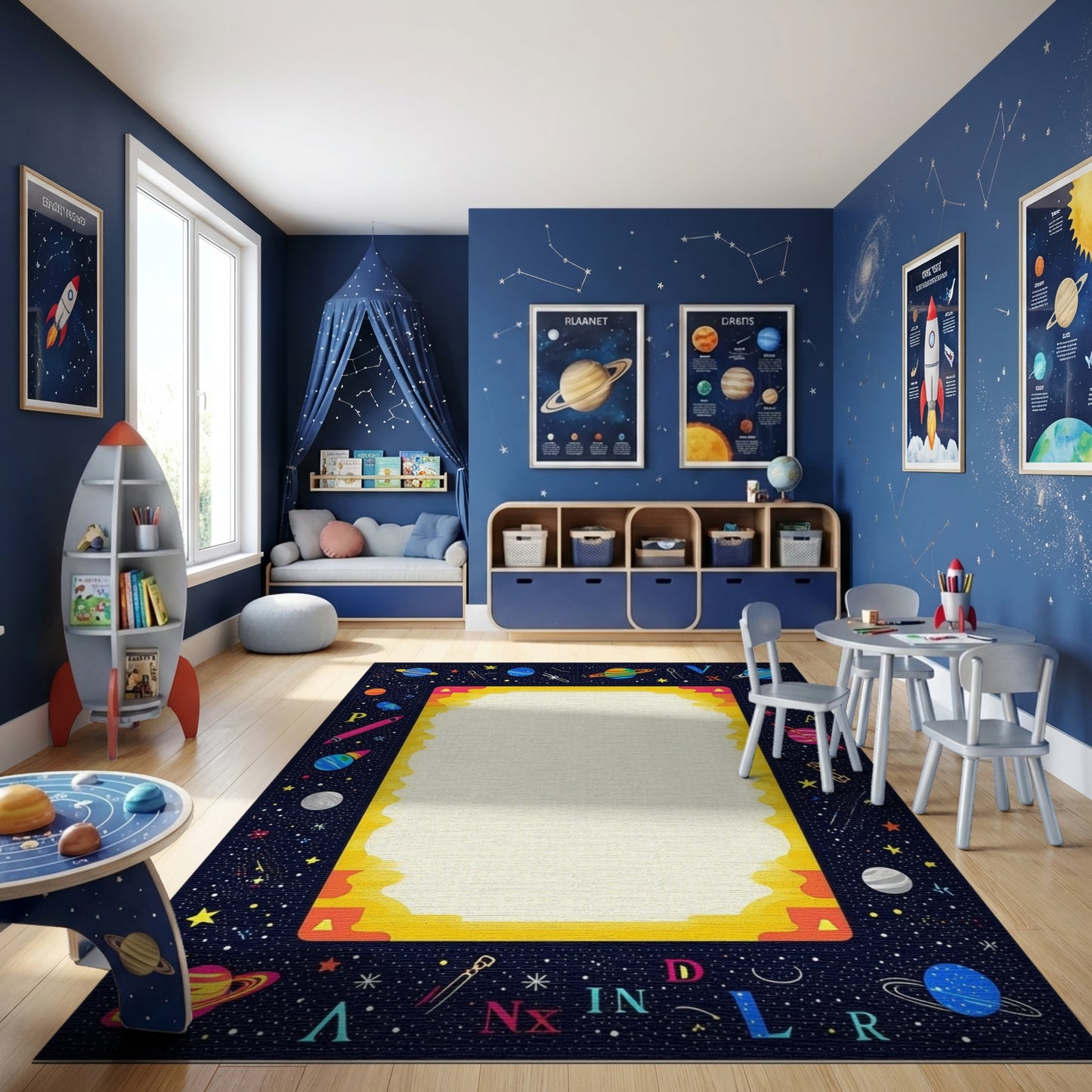Vibrant Cosmic Alphabet Planets Stars Rug