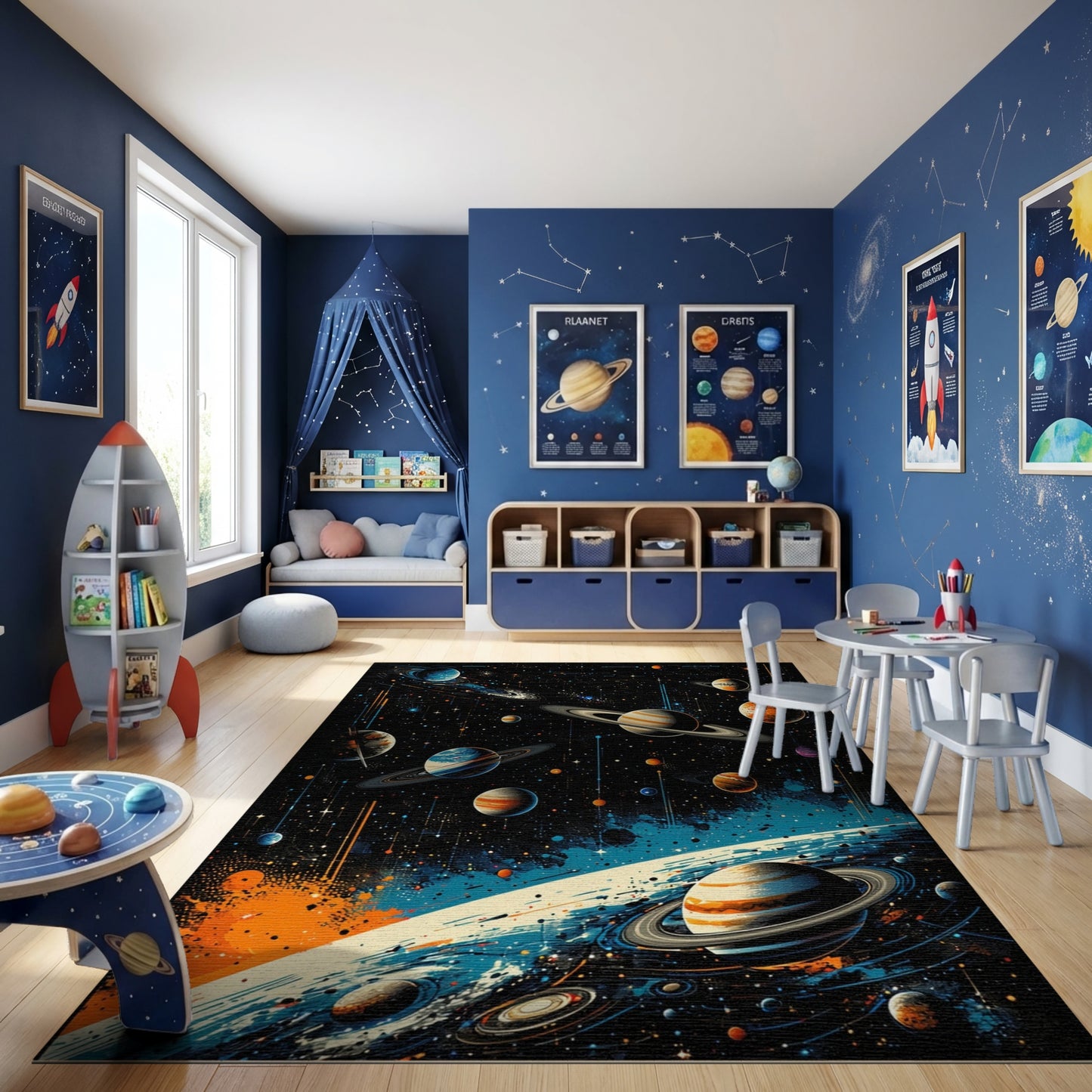 Vibrant Cosmic Ringed Planets Nebula Rug