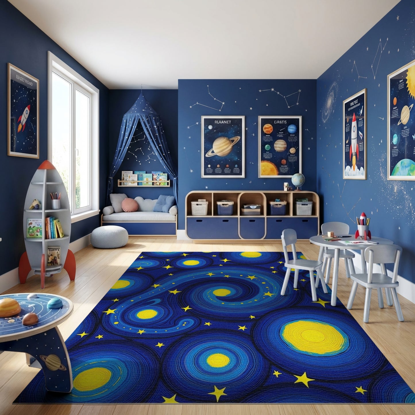 Navy Swirling Stars Yellow Circles Rug