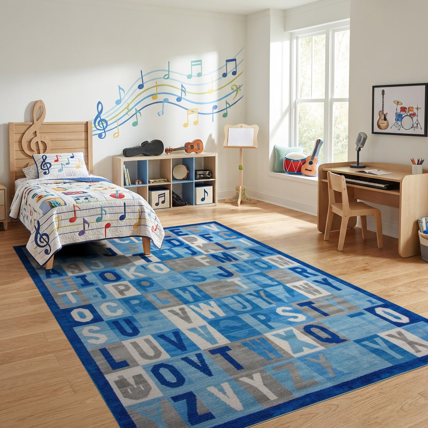 Navy Blue Alphabet Grid Rug