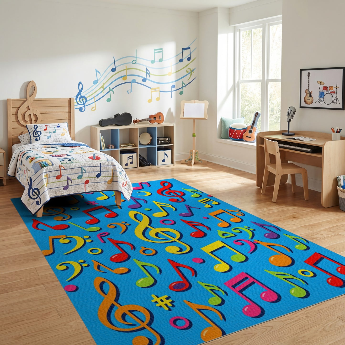 Whimsical Colorful Musical Notes Blue Rug