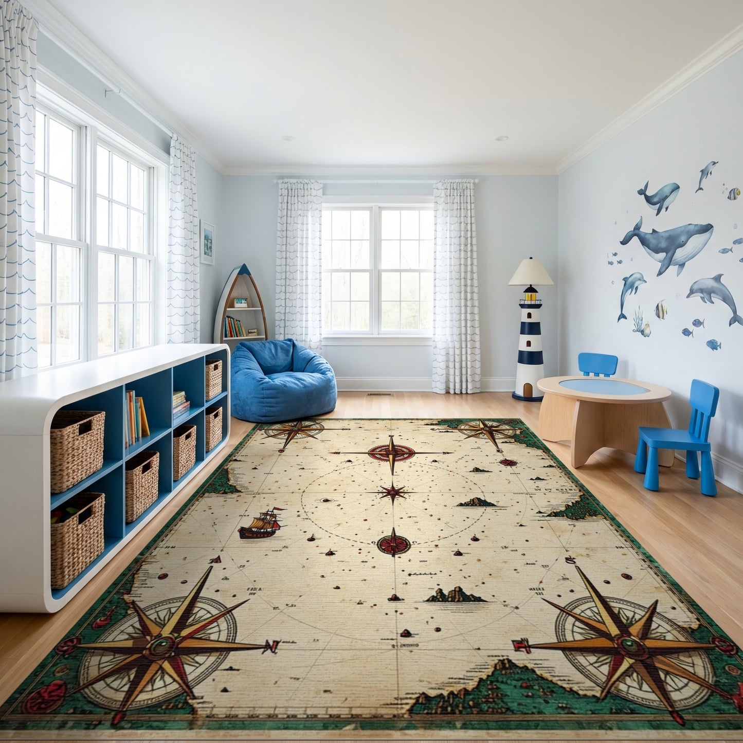 Vintage Nautical Compass Map Rug