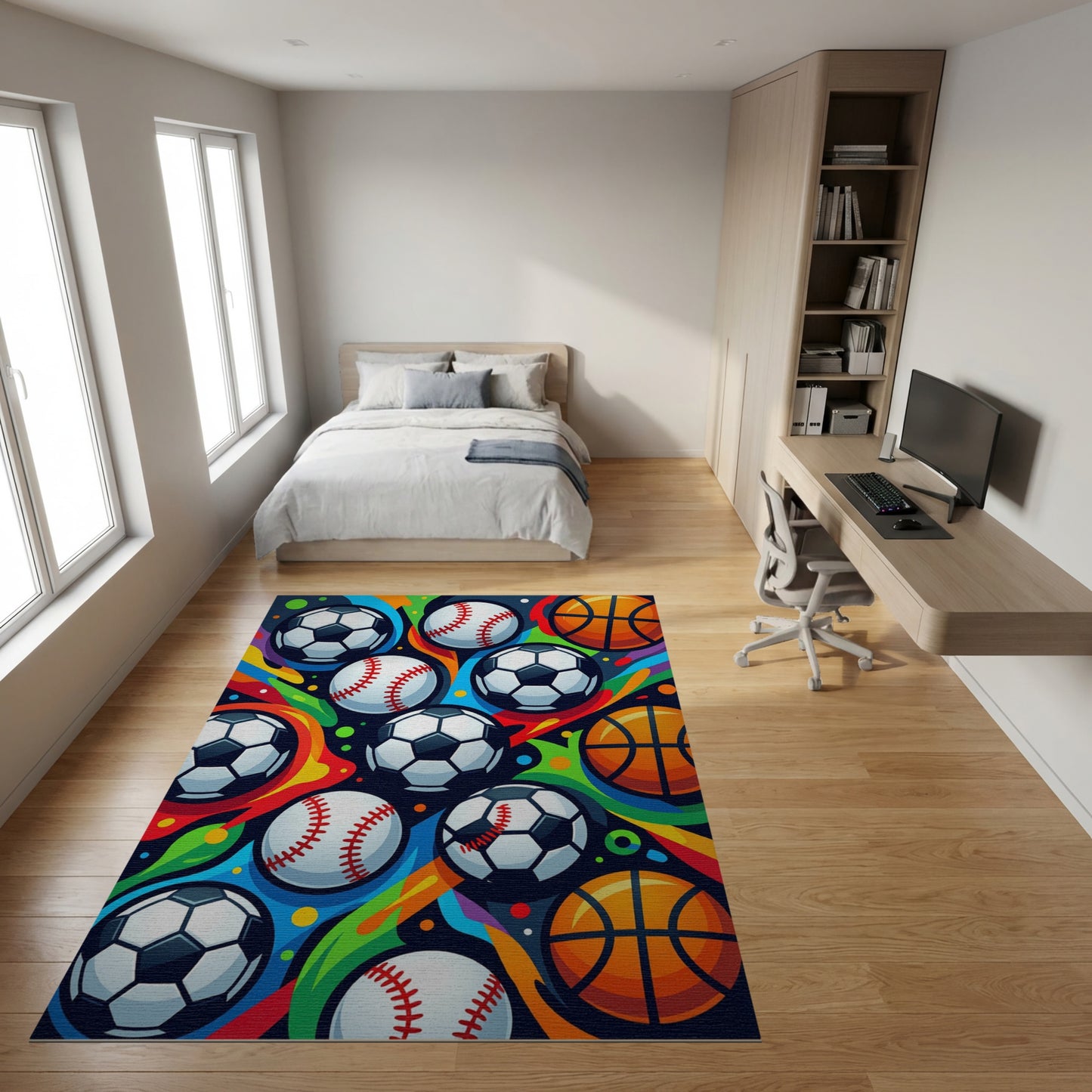 Vibrant Soccer Baseball Basketball Rainbow Rug