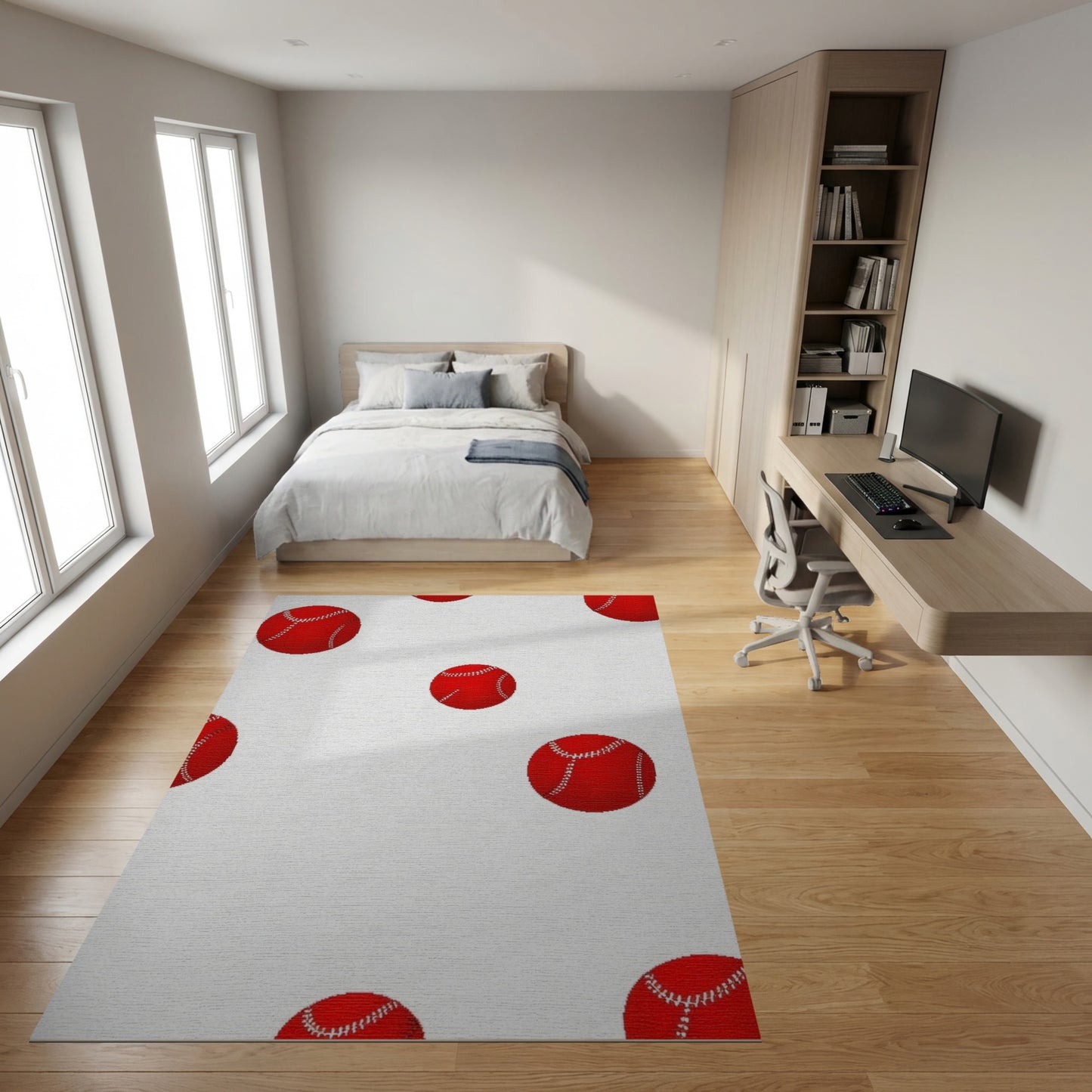 Scattered Red Stitched Baseballs Playful Rug
