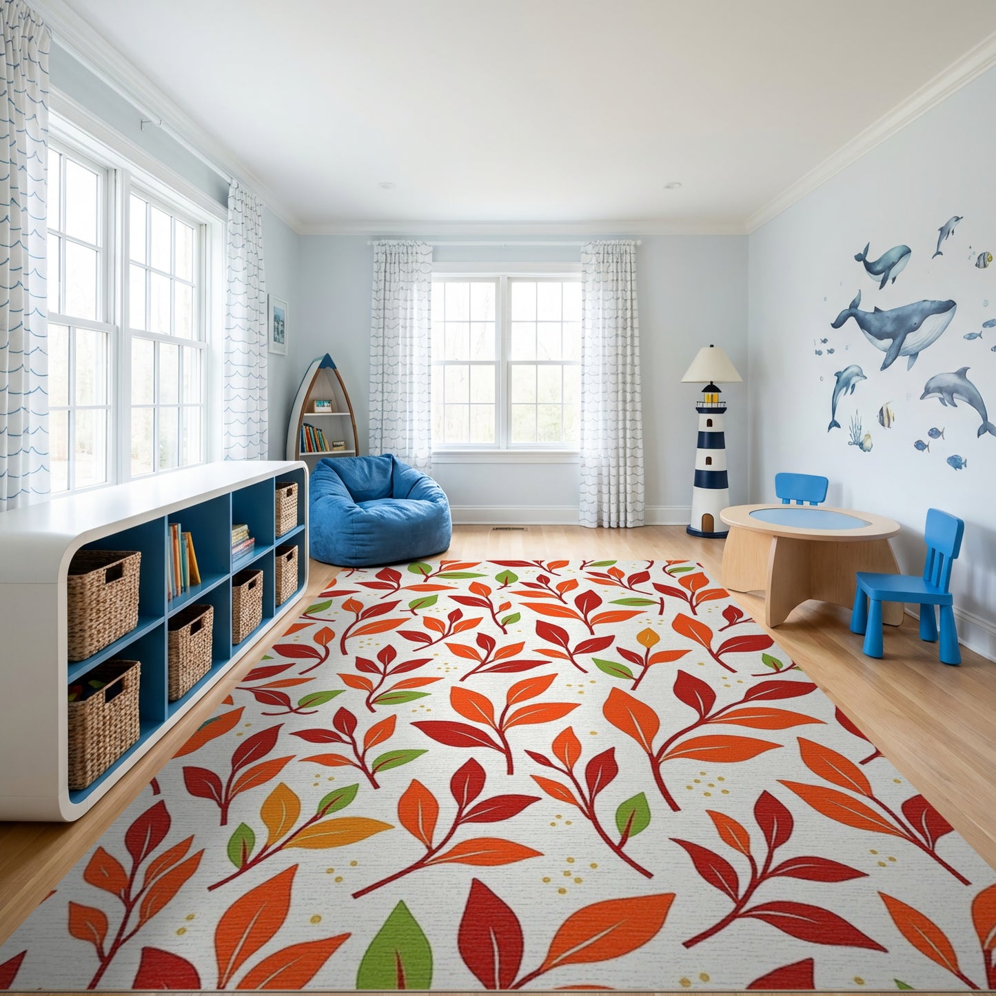 Vibrant Red Orange Green Leaves Rug