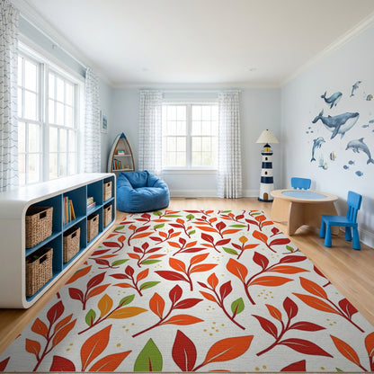 Vibrant Red Orange Green Leaves Rug