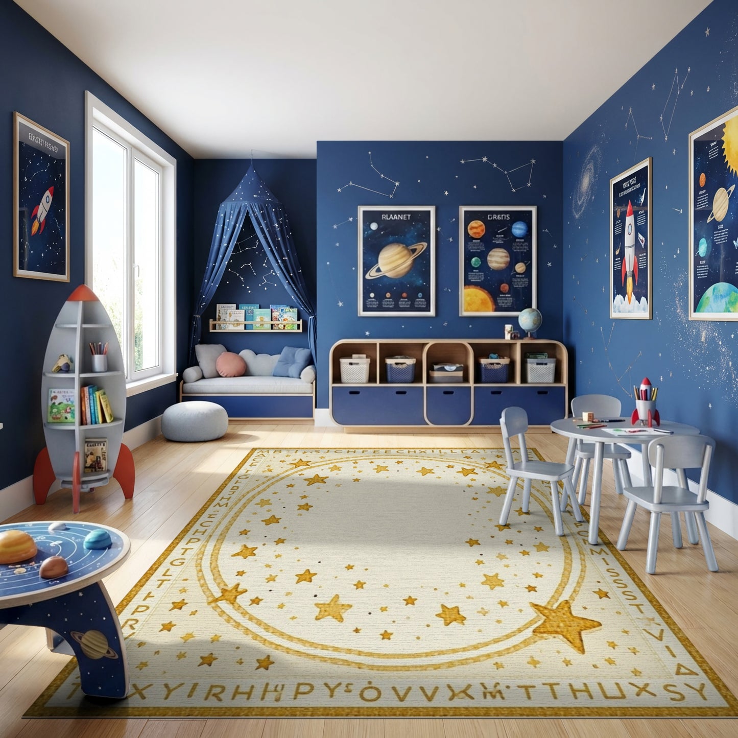 Golden Stars Alphabet Border Rug