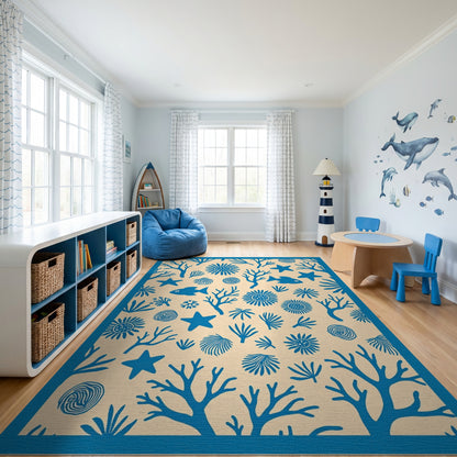 Whimsical Blue Coral Starfish Seashell Rug