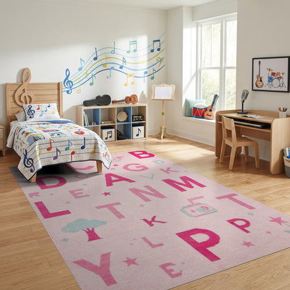 Playful Pink Alphabet Pig Stars Rug