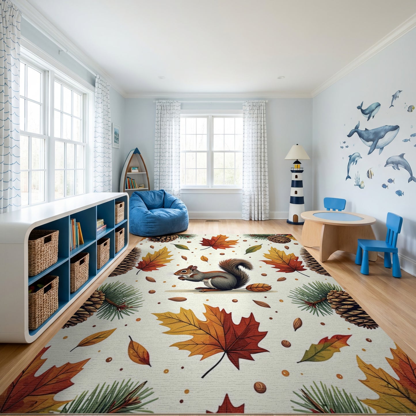 Whimsical Autumn Squirrel Pinecone Leaf Rug