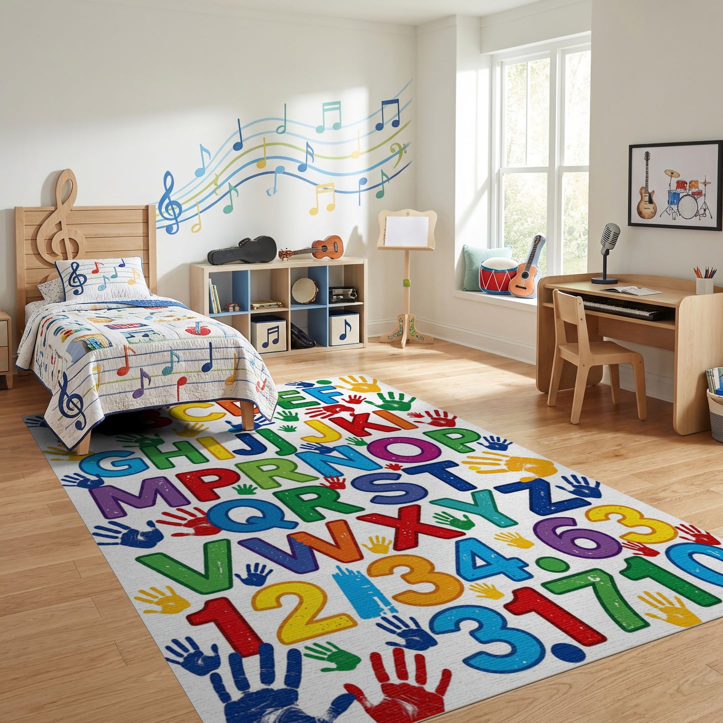 Colorful Alphabet Numbers Handprints Rug