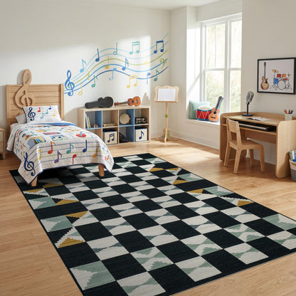 Modern Black Teal Geometric Diamond Rug