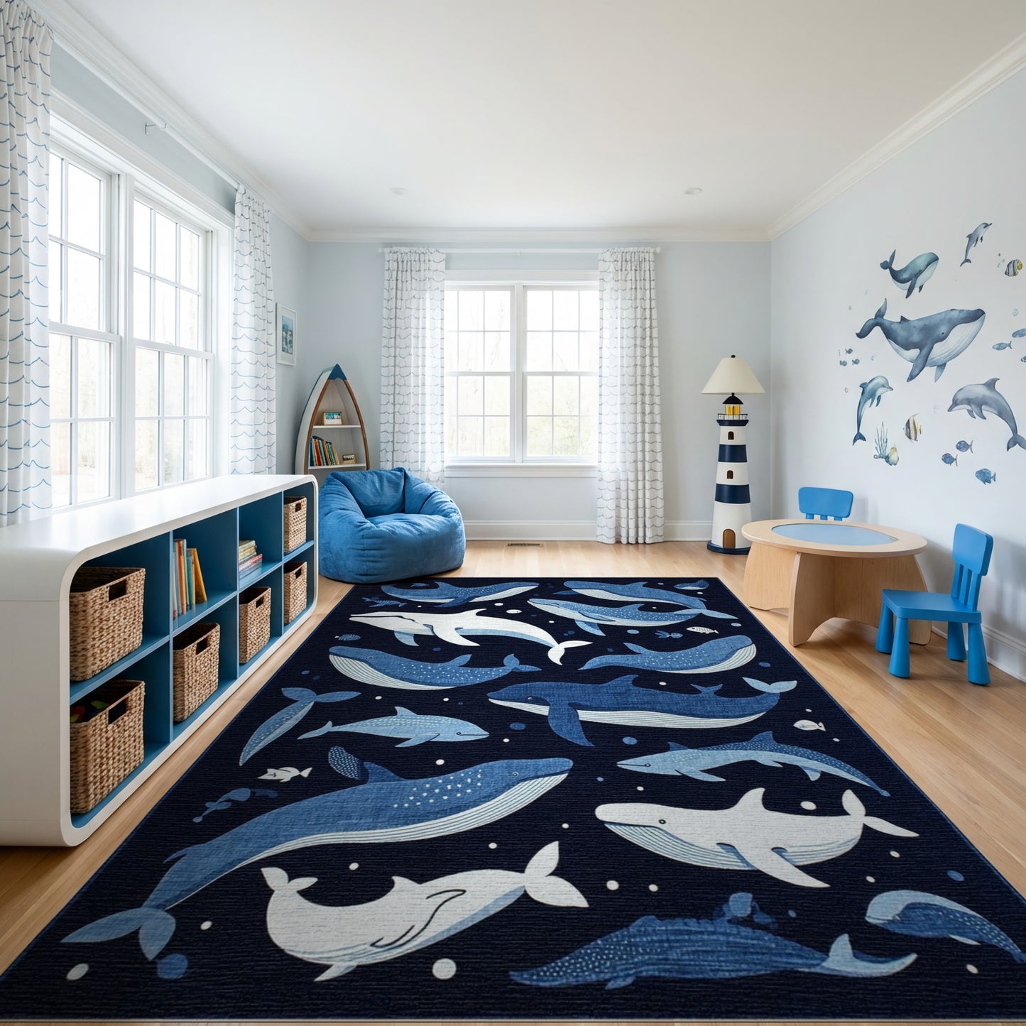 Whimsical Navy Whales and Fish Rug