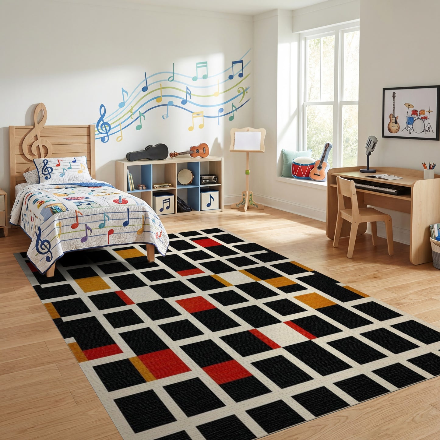 Geometric Black Red Gold Grid Rug