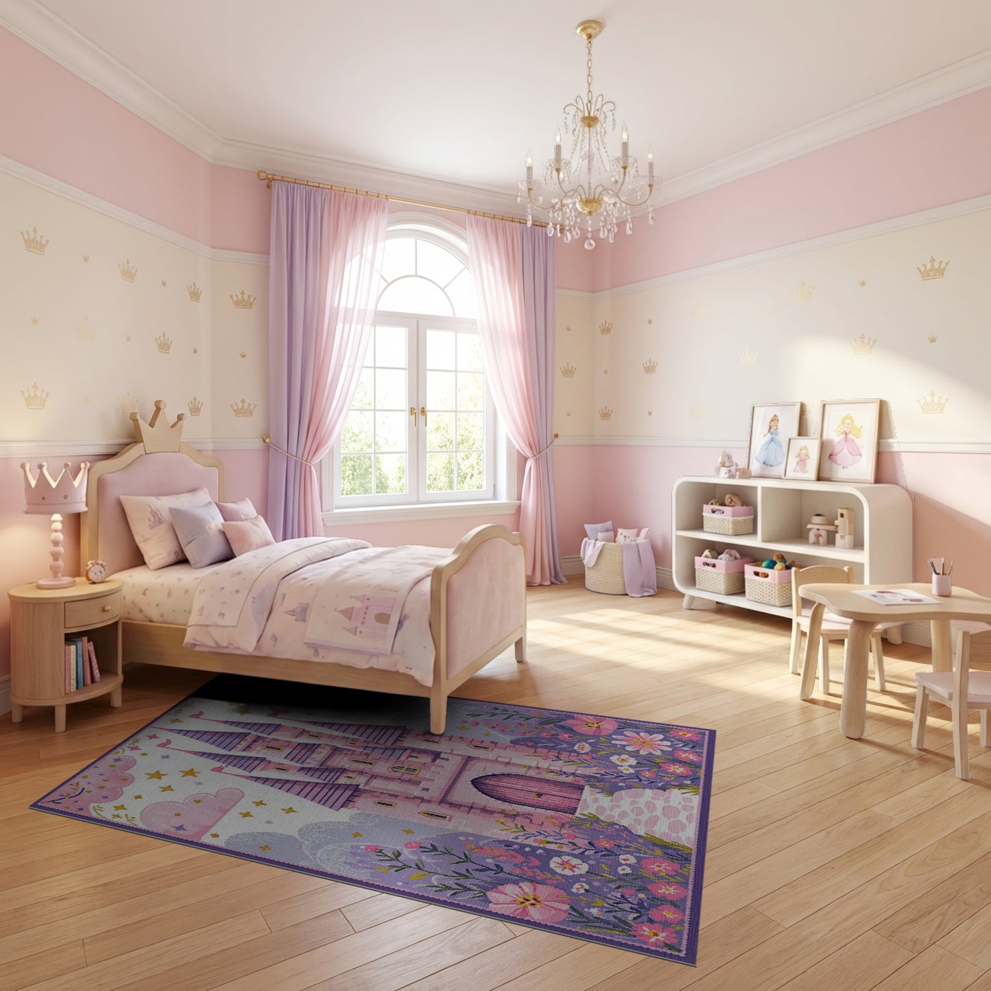 Whimsical Pink Purple Castle Floral Rug