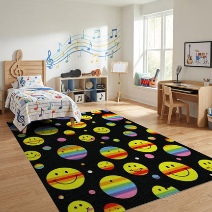Whimsical Yellow Smiley Rainbow Circles Rug