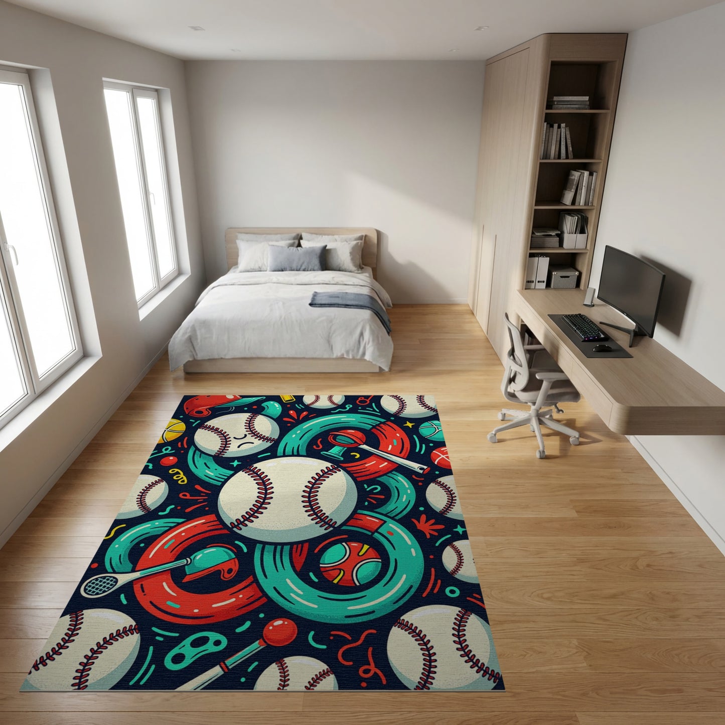 Whimsical Baseball Bats Rings Helmets Rug