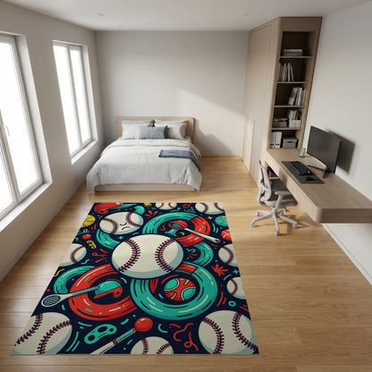 Whimsical Baseball Bats Rings Helmets Rug