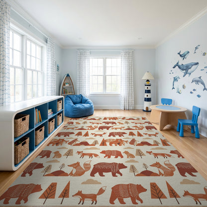 Whimsical Rust Fox Bear Forest Rug