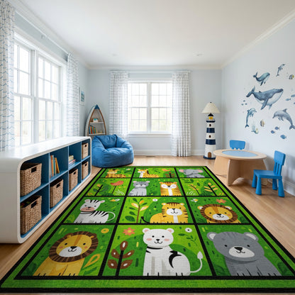 Playful Green Cartoon Jungle Animals Rug