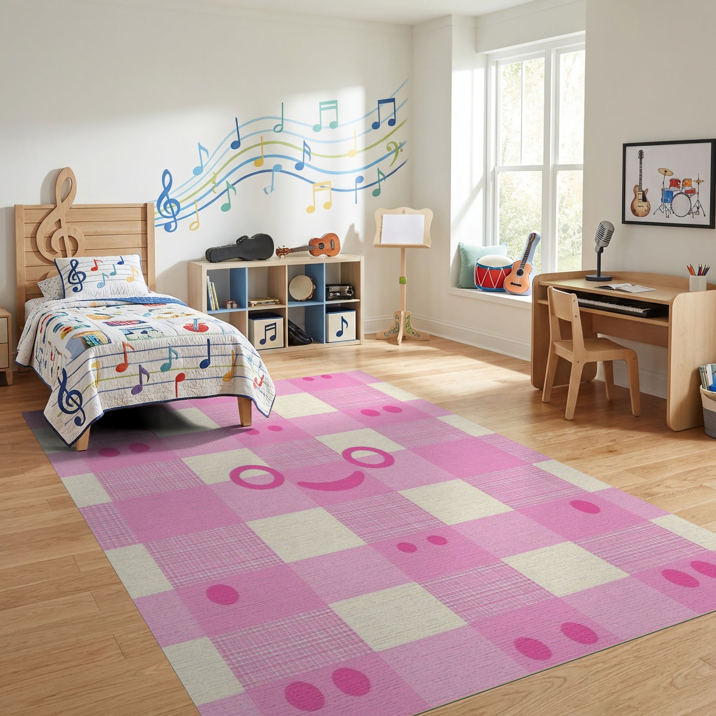 Pink White Gingham Kawaii Faces Rug