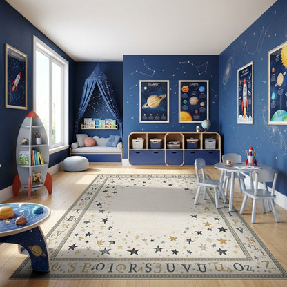 Black Gold Scattered Stars Alphabet Border Rug