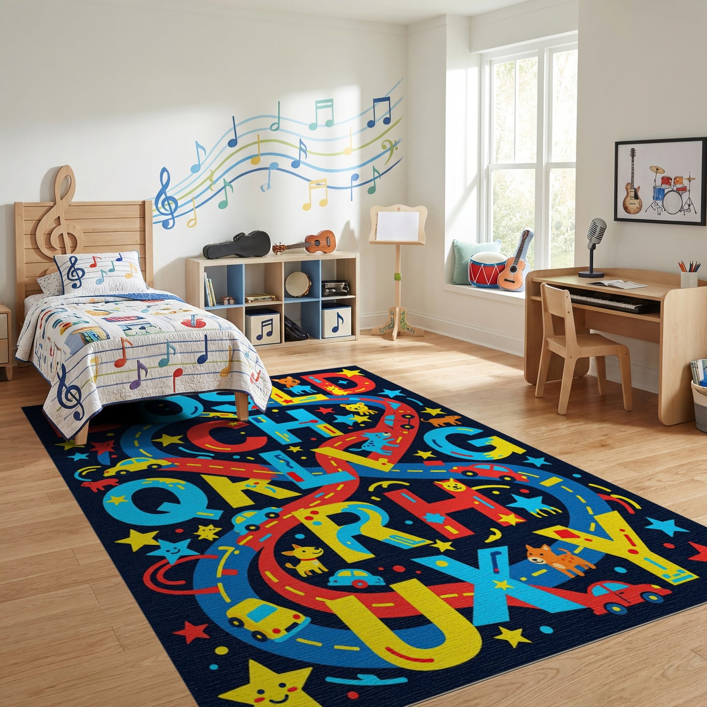 Vibrant Playful Alphabet Cars Animals Rug