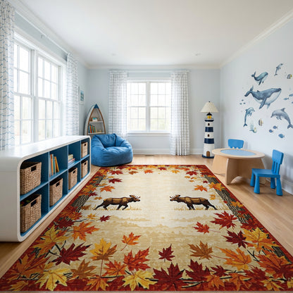 Rustic Woodland Moose Autumn Leaves Rug
