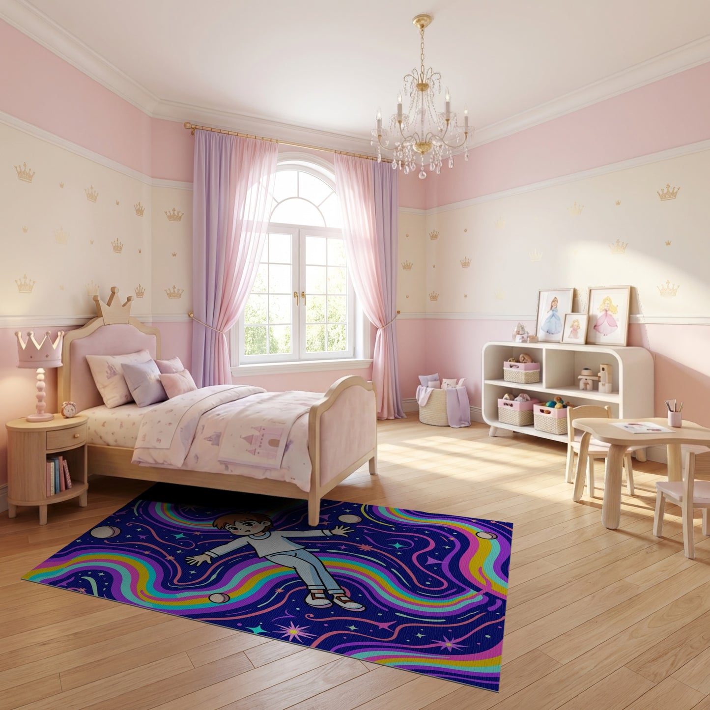 Cosmic Rainbow Waves Floating Boy Stars Rug