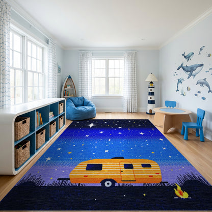 Orange Camper Starry Night Campfire Rug
