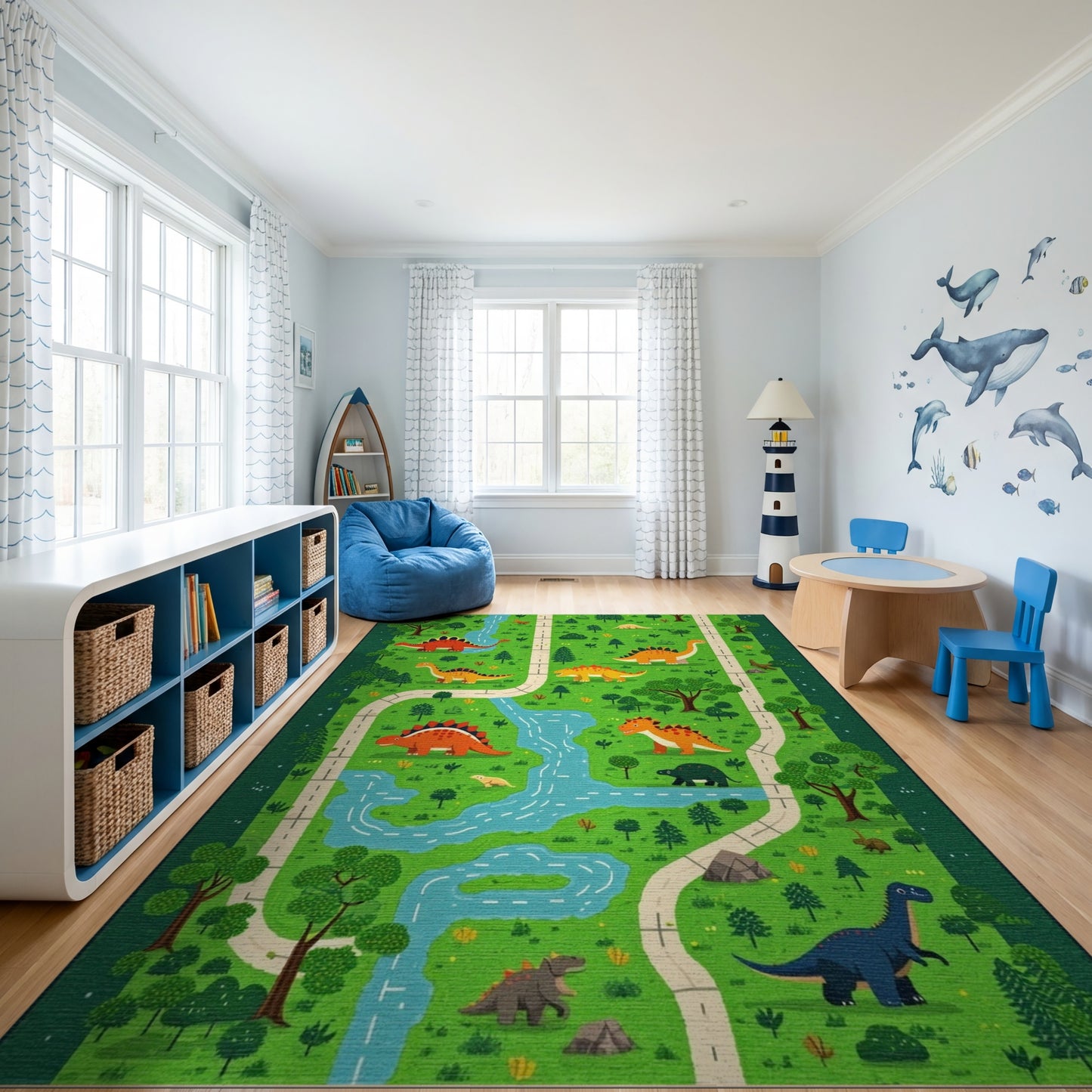 Whimsical Dino Path River Forest Rug