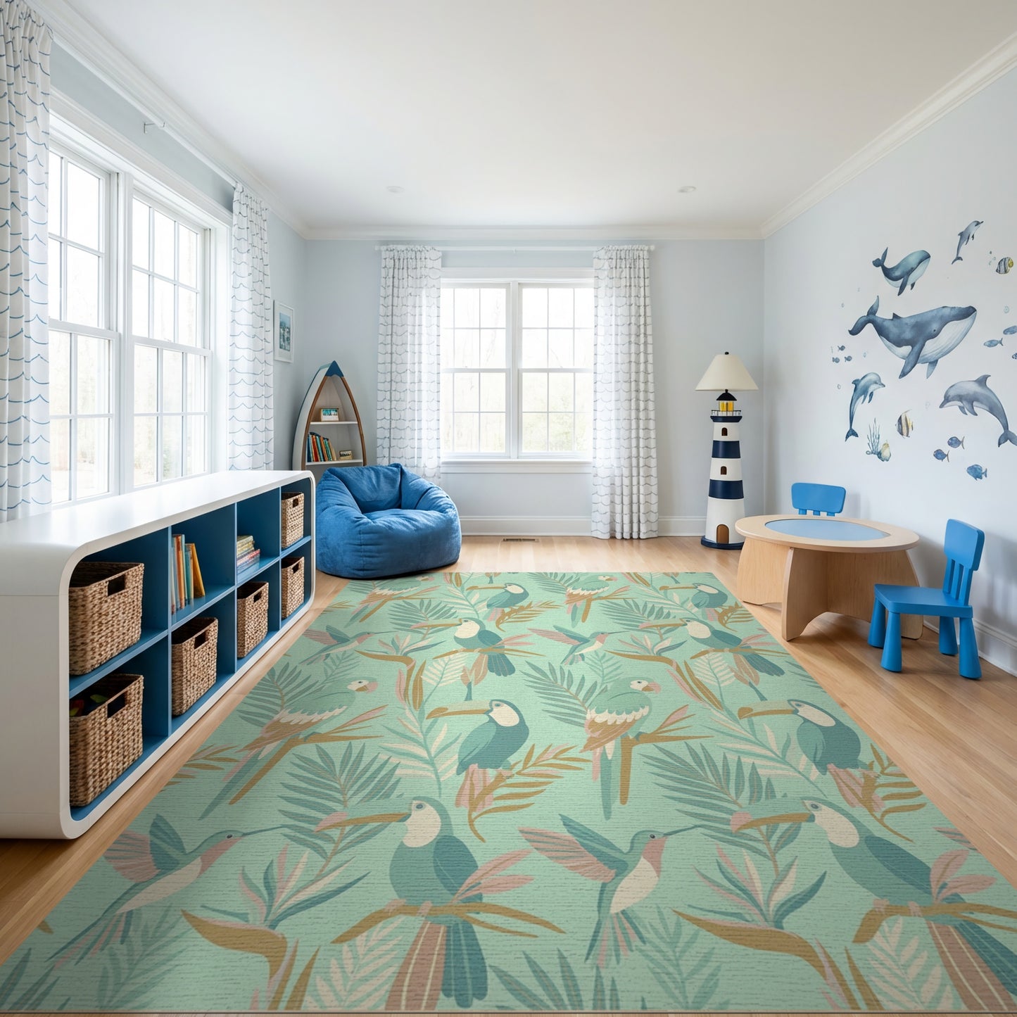 Tropical Teal Toucan Fern Hummingbird Rug