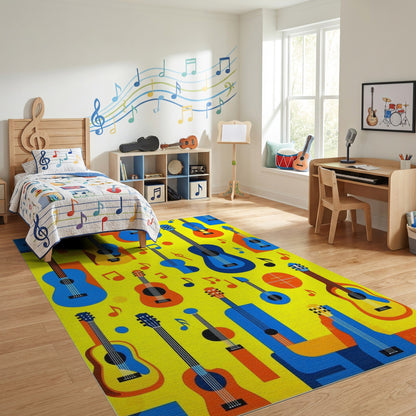 Vibrant Blue Orange Guitars Notes Rug