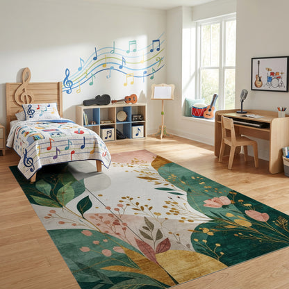 Emerald Green Gold Foliage Abstract Rug