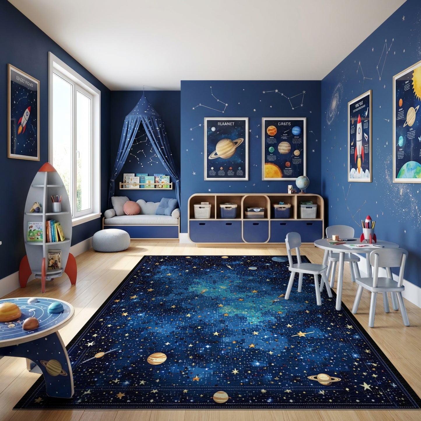 Cosmic Navy Stars Planets Nebula Rug