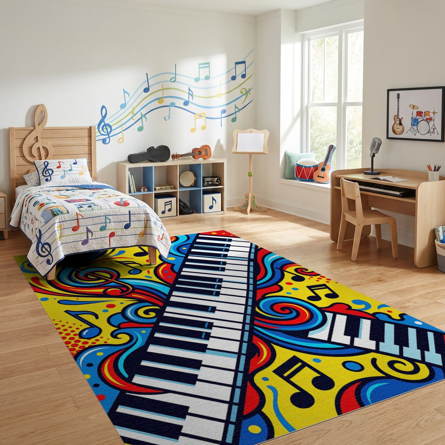 Vibrant Musical Piano Swirls Notes Rug