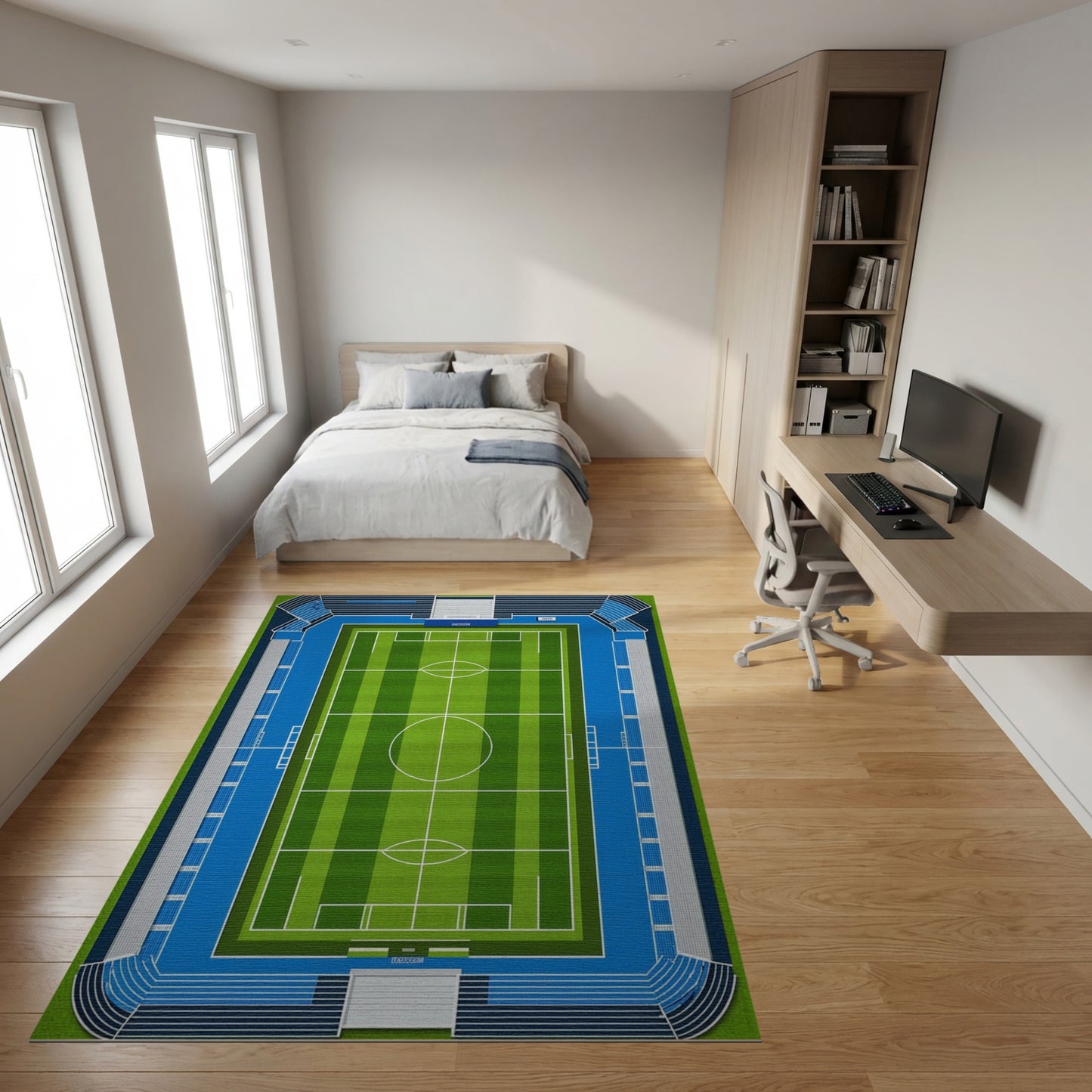 Modern Blue Green Soccer Stadium Rug