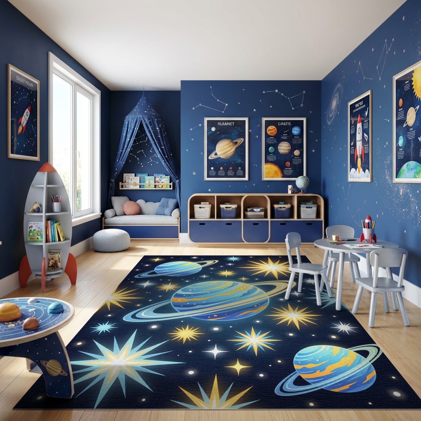 Cosmic Blue Ringed Planets Stars Rug