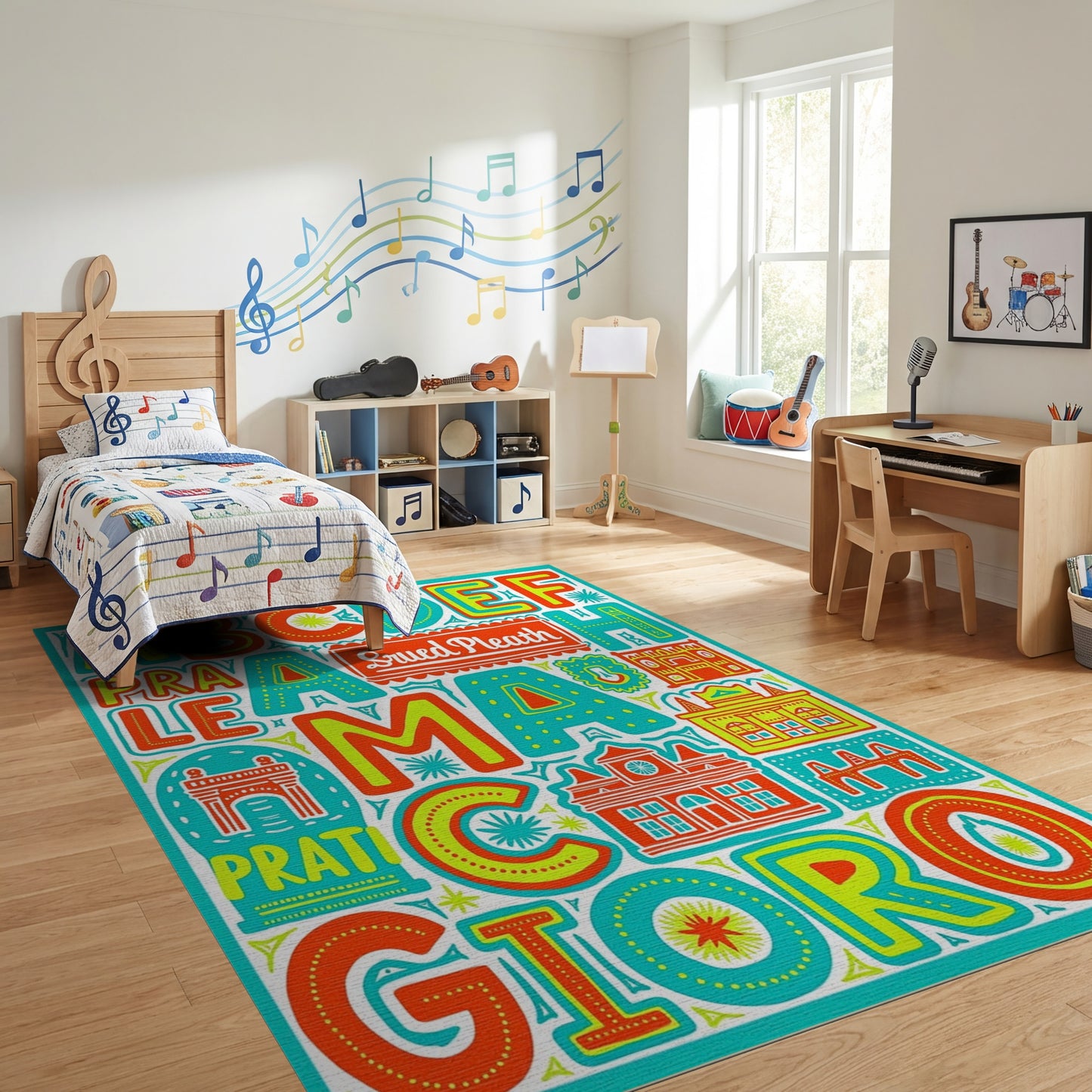 Colorful Oversized Alphabet Buildings Rug