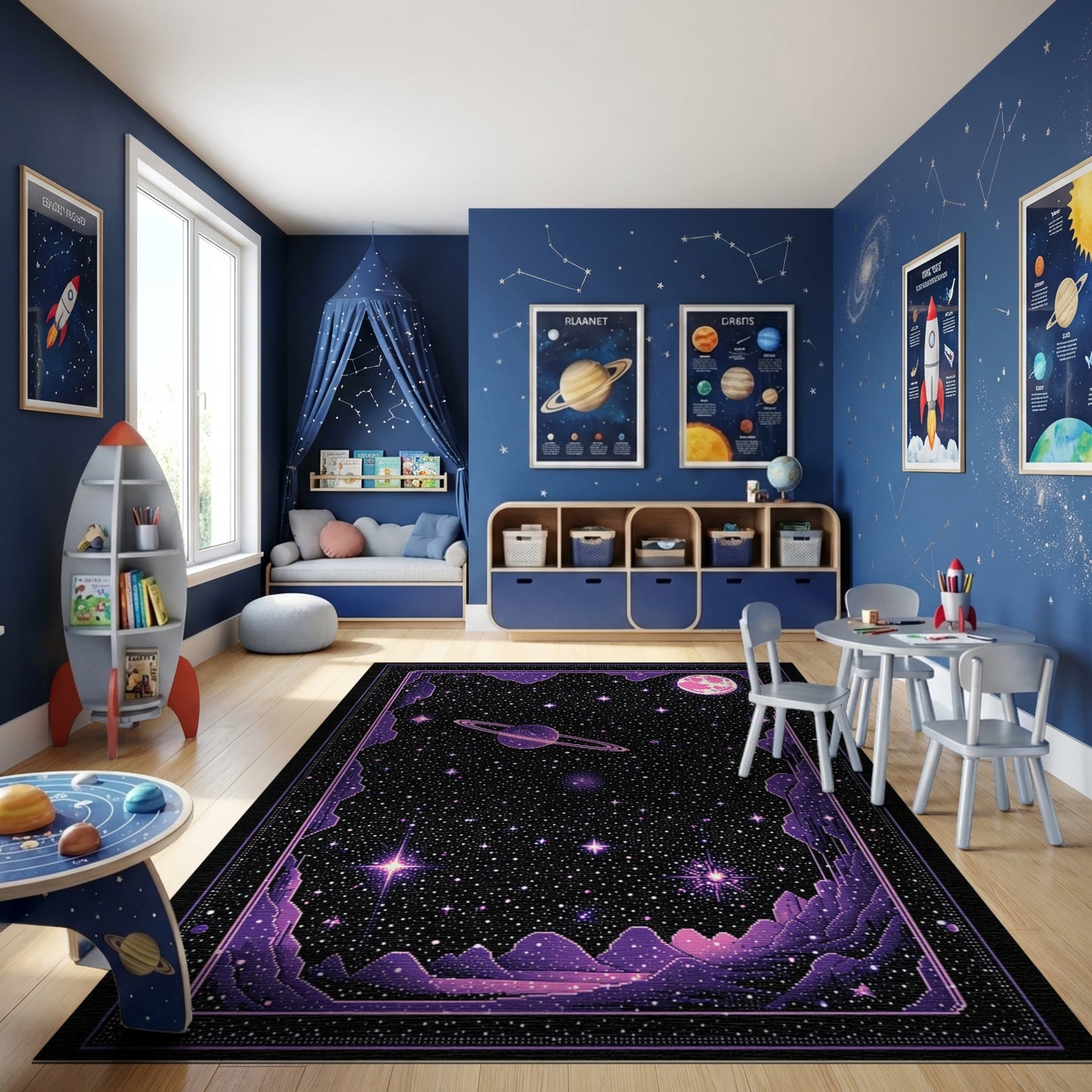 Cosmic Purple Starry Ringed Planet Rug