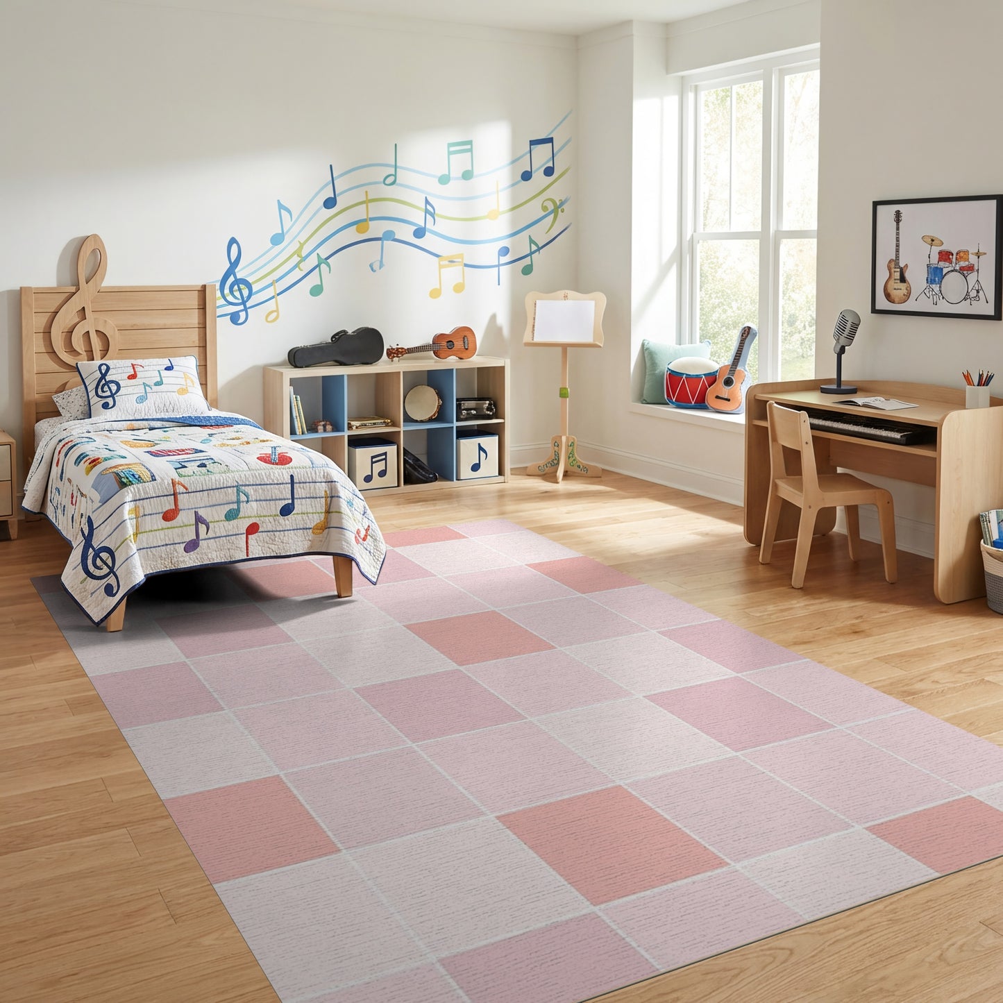 Blush Pink Geometric Grid Rug